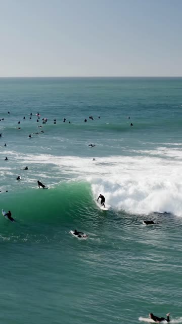 Aerial view of the beach, the surf and the ocean at Swamis, with surfers out.
