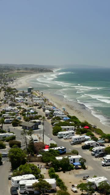 Scenic Aerial Drone Video of Cardiff Beach and San Elijo State Beach in Encinitas and Cardiff with Southern California Coastline and Beach Shoreline Views | Vertical Drone Video