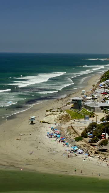 Aerial view of the beach, the surf and palm trees in Cardiff, with a crowd gathered.