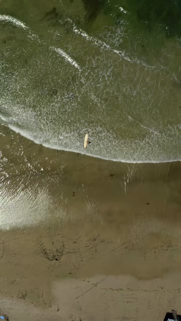 Aerial view of the beach, the surf and the ocean in Cardiff, with people walking.