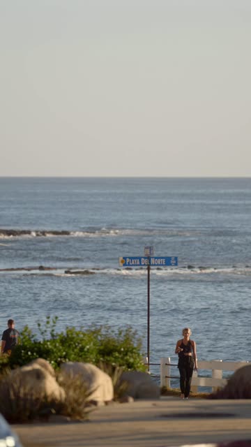 Elevated view of the beach, the surf and the ocean at Beach Barber Tract, with people walking.
