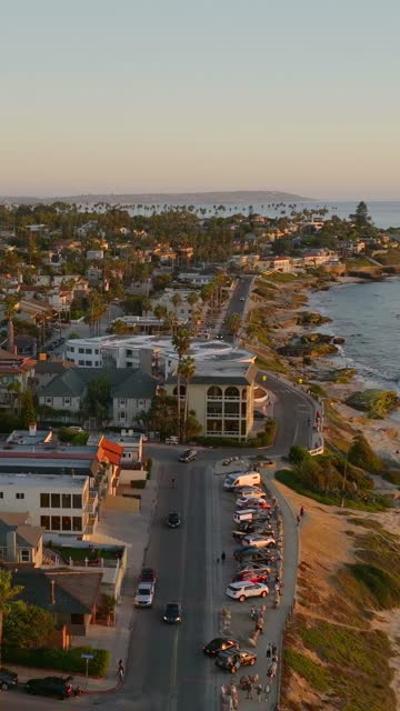Aerial view of a residential street, palm trees and the ocean at Beach Barber Tract, with people walking.