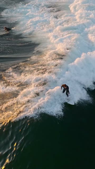 Low aerial view of the beach, the surf and the ocean at Beach Barber Tract, with surfers out.