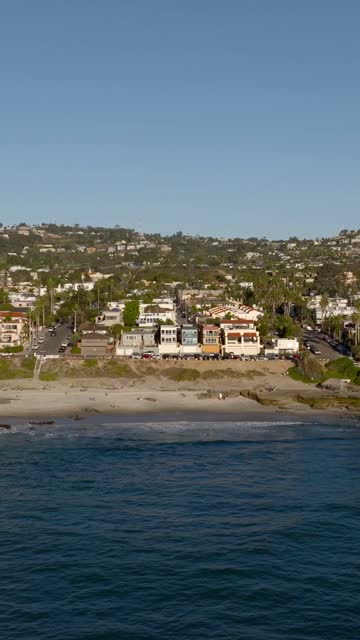 Aerial view of the beach, palm trees and the ocean at Beach Barber Tract, with people walking.