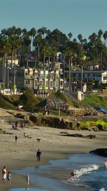 Low aerial view of the beach, the surf and palm trees at Beach Barber Tract, with people walking.