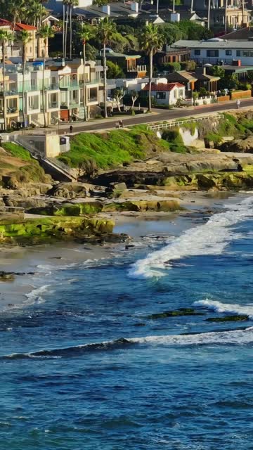 Low aerial view of the cliffs, the surf and palm trees at Beach Barber Tract, with people walking.