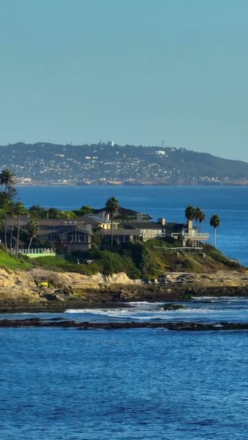 Low aerial view of the cliffs, palm trees and the ocean at Beach Barber Tract.