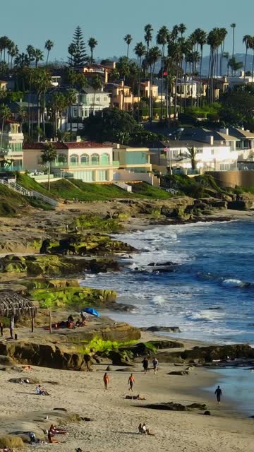 Low aerial view of the beach, the surf and palm trees at Beach Barber Tract, with people walking.