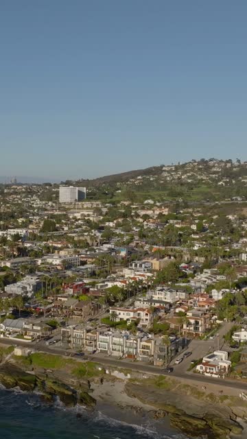 Aerial view of a residential street, palm trees and the ocean at Beach Barber Tract.