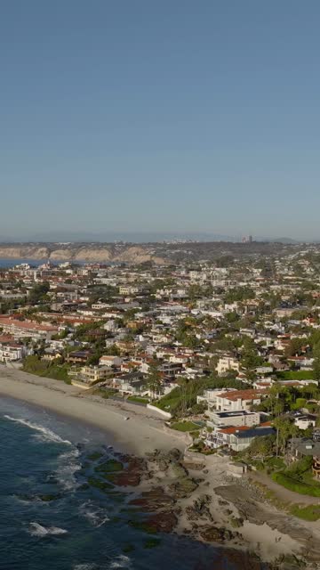 Aerial view of the beach, palm trees and the ocean at Beach Barber Tract, with people walking.