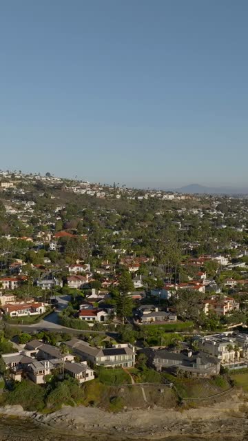 Aerial view of a residential street, palm trees and homes at Beach Barber Tract.