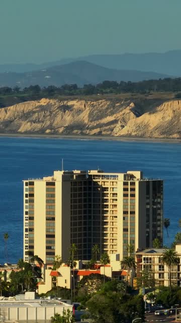 A residential street, palm trees and the ocean at Black’s Beach.