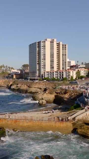 Low aerial view of the cliffs, palm trees and the ocean at La Jolla Cove, with people walking.
