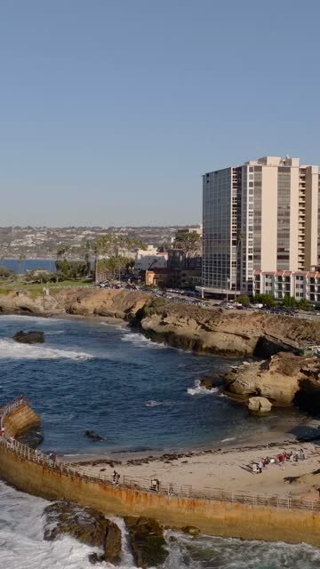 Aerial view of the cliffs, palm trees and the ocean at La Jolla Cove, with people walking.