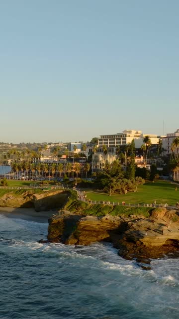 Low aerial view of the cliffs, palm trees and the ocean at La Jolla Cove, with people walking.