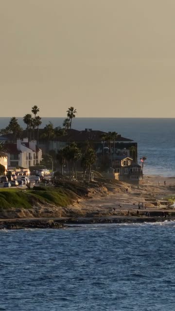 Low aerial view of the cliffs, palm trees and the ocean at La Jolla Cove, with people walking.