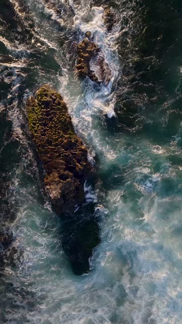 Aerial view of the cliffs, the surf and the ocean at La Jolla Cove.