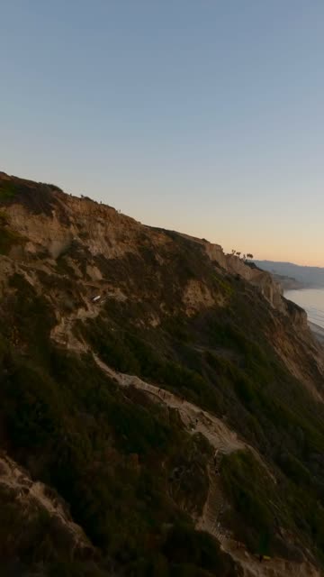 Aerial view of the cliffs, the ocean and the beach at Black’s Beach, with people walking.