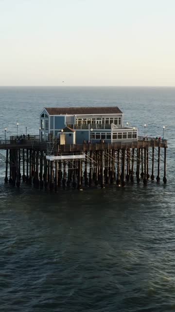 Low aerial view of the beach, the pier and the ocean in Oceanside.