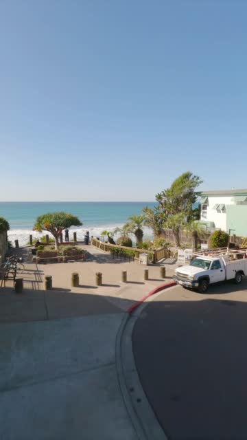Elevated view of the beach, the surf and palm trees at Moonlight Beach.