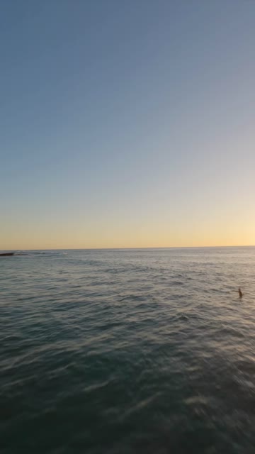 Low aerial view of the beach, the surf and the ocean at Windansea, with swimmers in the water.