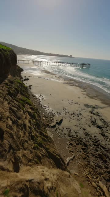 Aerial view of the cliffs, the pier and the ocean at Black’s Beach.