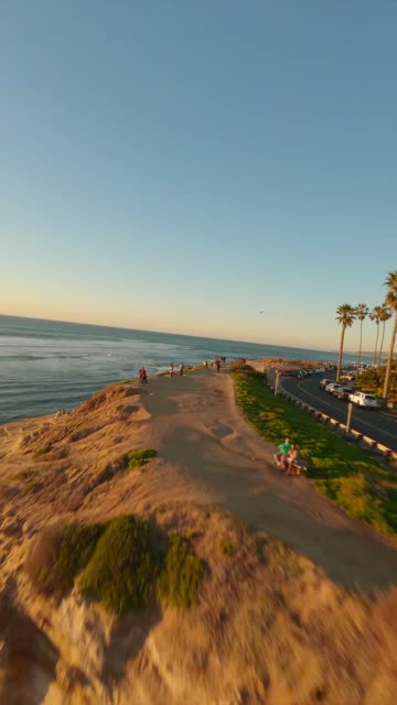 Low aerial view of the cliffs, the surf and palm trees at Sunset Cliffs, with people walking.