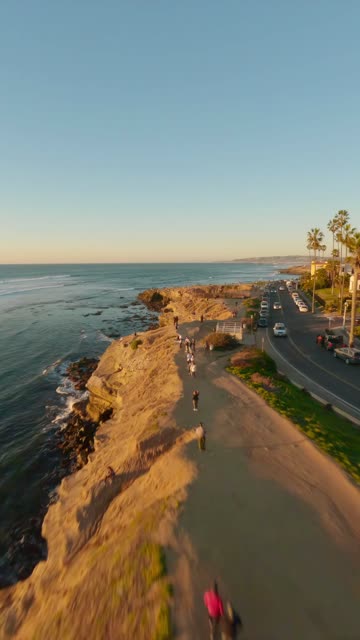 Low aerial view of the cliffs, the surf and palm trees at Sunset Cliffs, with people walking.
