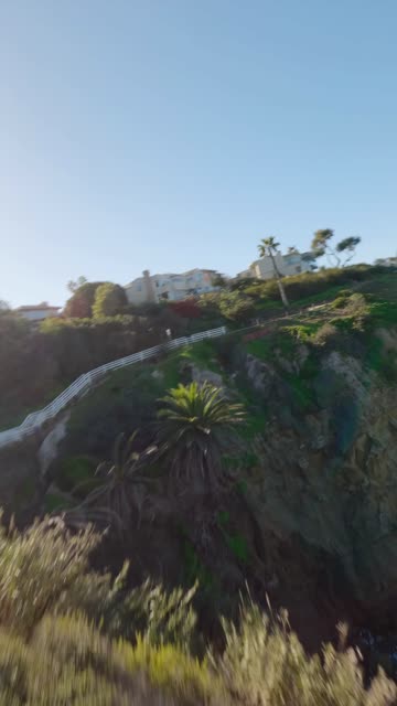 Low aerial view of the cliffs, palm trees and homes at Coast Walk Trail.