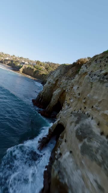 Low aerial view of the cliffs, wildlife and the ocean at Coast Walk Trail.