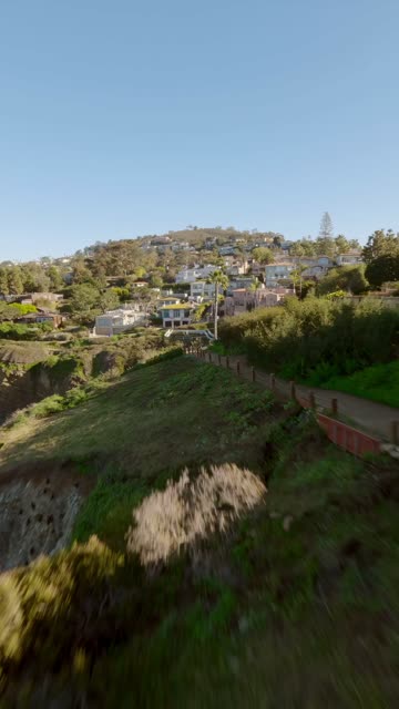 Low aerial view of the cliffs, palm trees and homes at Coast Walk Trail.