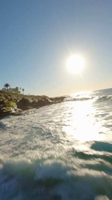 Low aerial view of the cliffs, the surf and palm trees at La Jolla Cove.