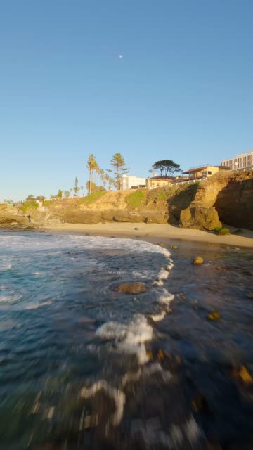 Low aerial view of the cliffs, palm trees and the ocean at La Jolla Cove.