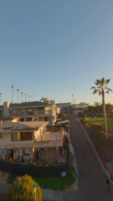 Low aerial view of a residential street, palm trees and homes at Moonlight Beach.