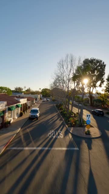 Low aerial view of the downtown streets, palm trees and homes at Covenant.