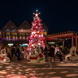 Photo of the Christmas tree at the Old Globe Theatre in Balboa Park San Diego illuminated during December Nights showcasing festive lights historic theater architecture and holiday celebration | Photo