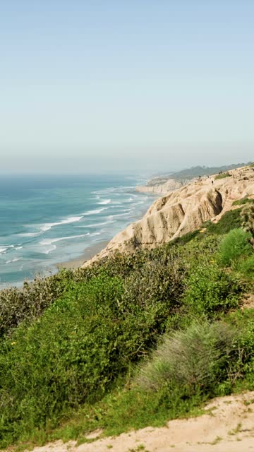 Elevated view of the cliffs, the ocean and the beach at Black’s Beach, with people walking.
