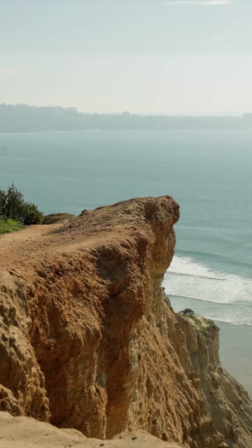 Elevated view of the cliffs, the surf and the ocean at Black’s Beach.