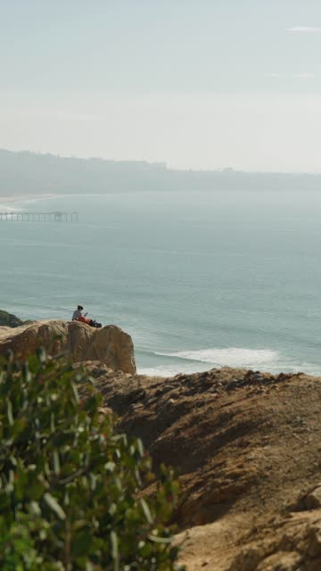 Elevated view of the cliffs, the pier and the ocean at Black’s Beach.