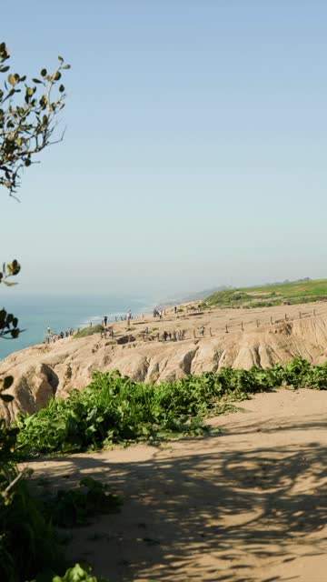 Elevated view of the cliffs, the ocean and the beach at Black’s Beach, with people walking.