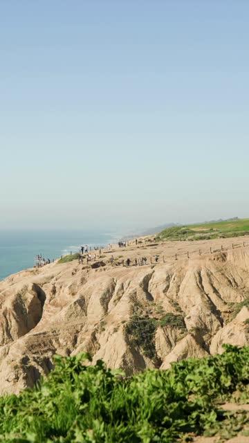 Elevated view of the cliffs, the ocean and the beach at Black’s Beach, with people walking.