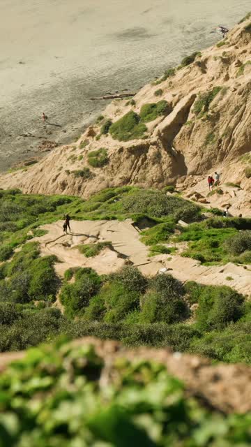 Elevated view of the cliffs, the beach and open country at Black’s Beach, with people walking.