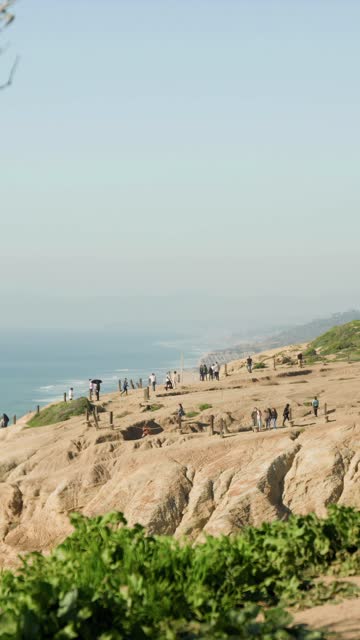Elevated view of the cliffs, the ocean and the beach at Black’s Beach, with people walking.