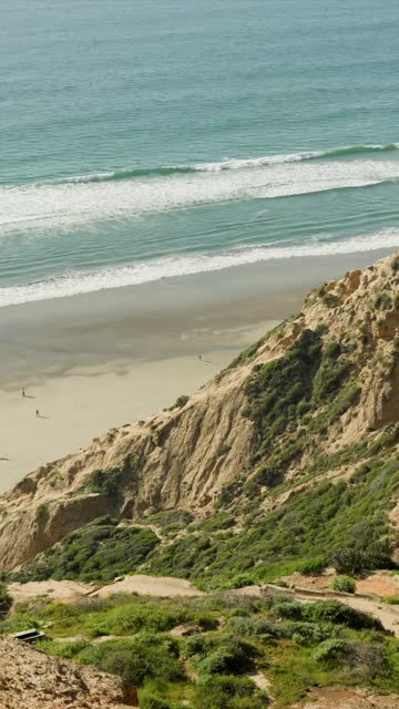 Elevated view of the cliffs, the surf and the ocean at Black’s Beach, with people walking.