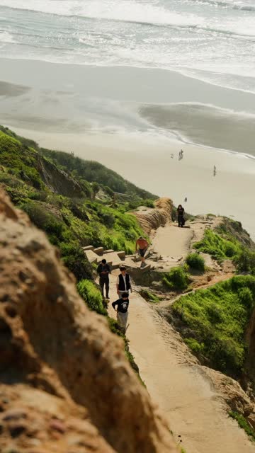 Elevated view of the cliffs, the ocean and the beach at Black’s Beach, with people walking.