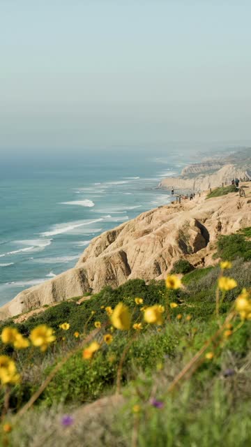 Elevated view of the cliffs, the surf and the ocean at Black’s Beach, with people walking.