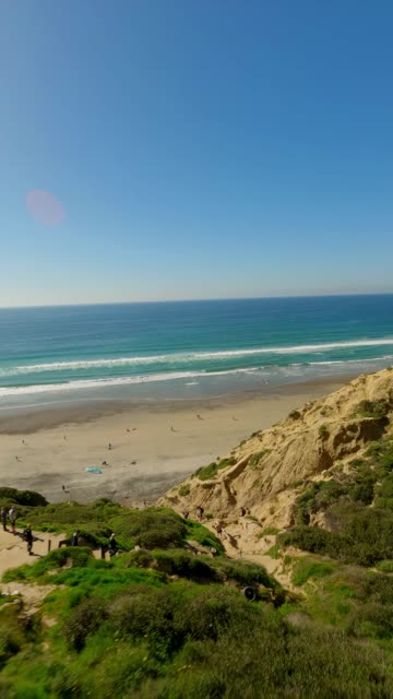 Low aerial view of the cliffs, the surf and the ocean at Black’s Beach, with people walking.
