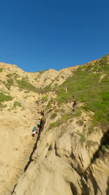Low aerial view of the cliffs and open country at Black’s Beach, with people walking.