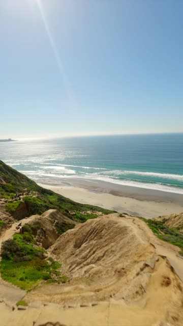 Aerial view of the cliffs, the ocean and the beach at Black’s Beach, with people walking.