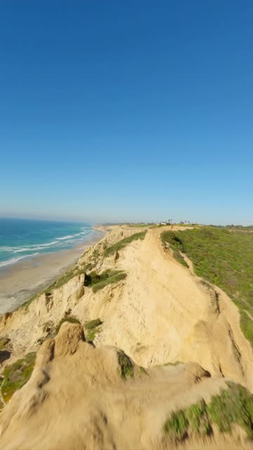 Low aerial view of the cliffs, the ocean and the beach at Black’s Beach.